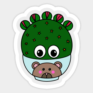 Cute Cactus Design #306: Wheel Cactus In Cute Bear Bowl Sticker